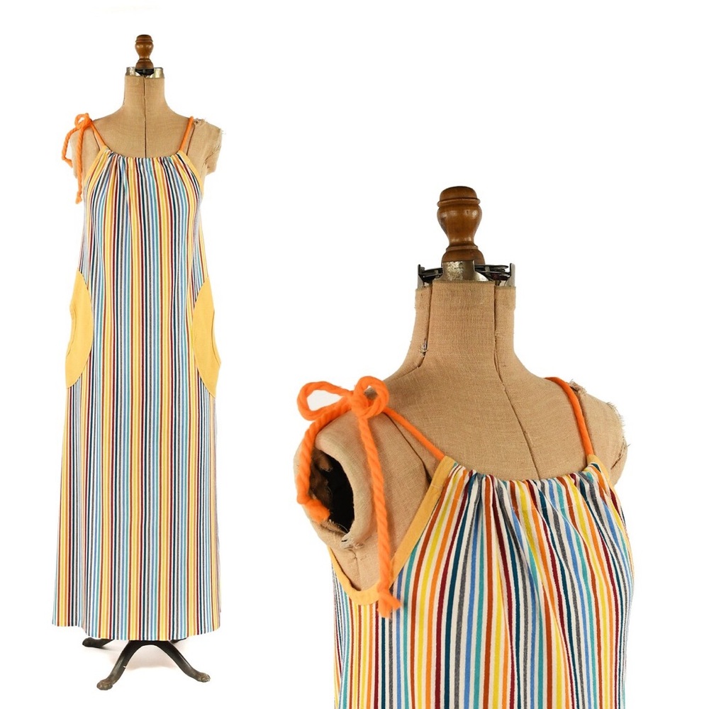 Vintage 70s Sleeveless Rainbow Pinstripe Terry Cloth Mod Retro Shift Maxi Dress